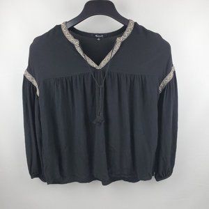 Madewell Womens Blouse Long Balloon Sleeve V-Neck W/Tassels Black XS Viscose